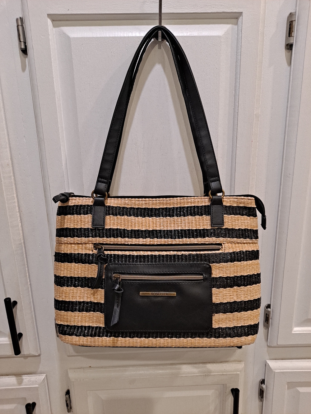 Rosetti Black Natural Poly Straw Jute Striped Shoulder Tote 2010 Casual Summer
